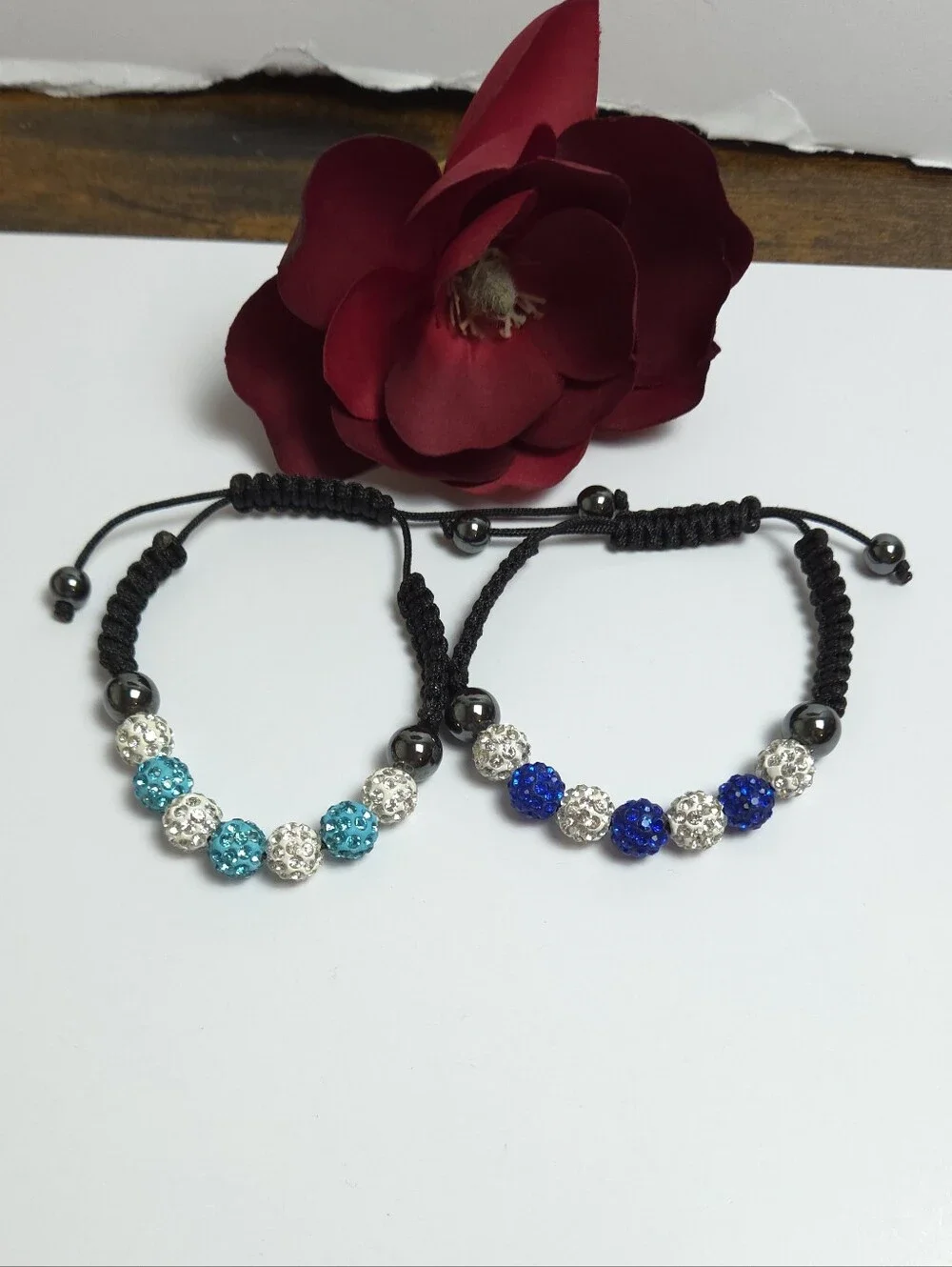 2 Handmade Shamballa Crystal Beaded Macrame Bracelets Light & Dark Blue